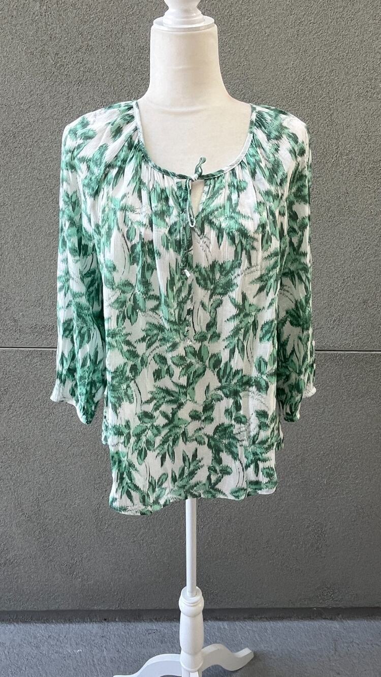 Como Blu Green White Peasant Top Women's Size L Boho Blouse 3/4 Sleeve